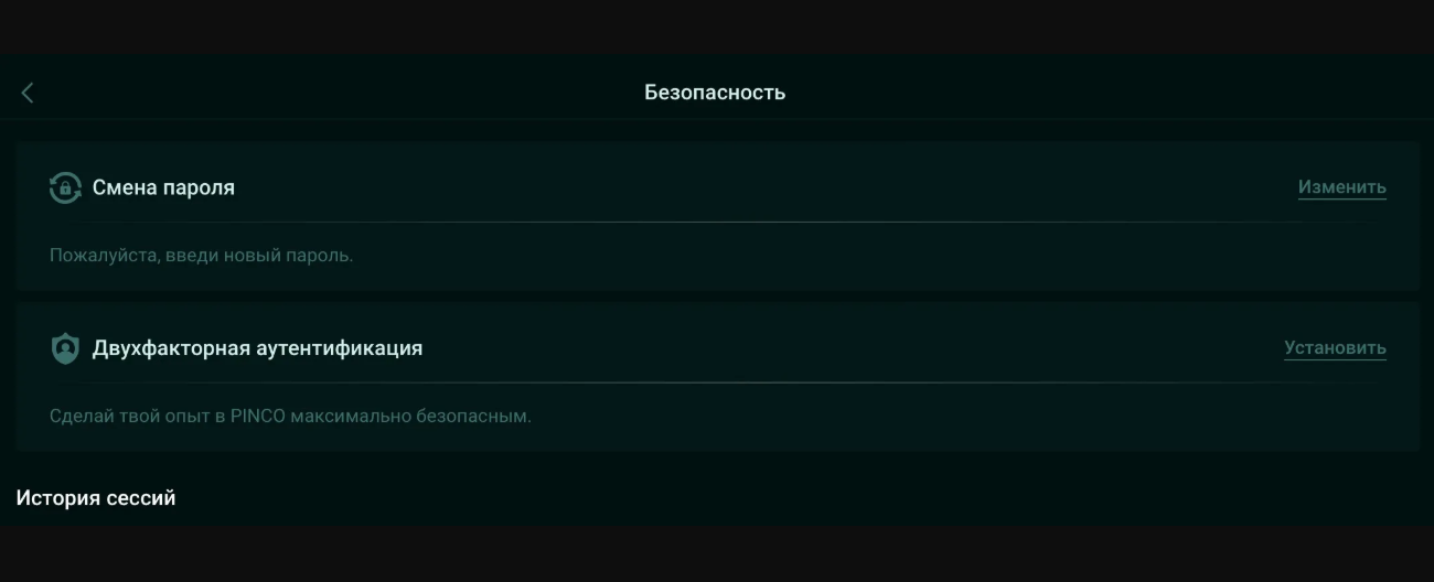 смена пароля Пинко в личном кабинете настройки безопасности Pinco